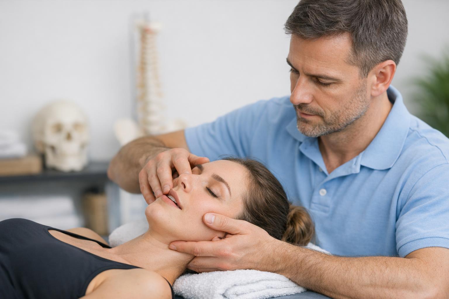 terapeuta wykonujący terapię manualną stawów skroniowo-żuchwowych