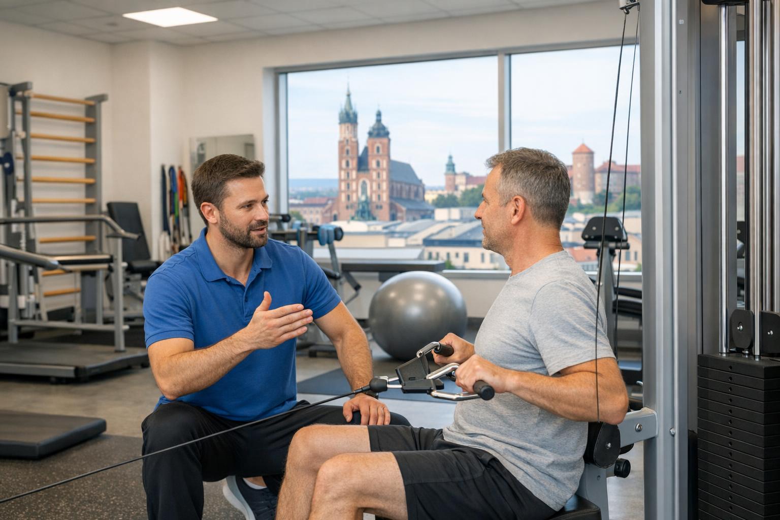 Fizjoterapeuta instruujący pacjenta, jak wykonywać ćwiczenia na siłowni rehabilitacyjnej w Krakowie